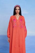 Tangerine Linen Puff Sleeves Dress - Sale view 10