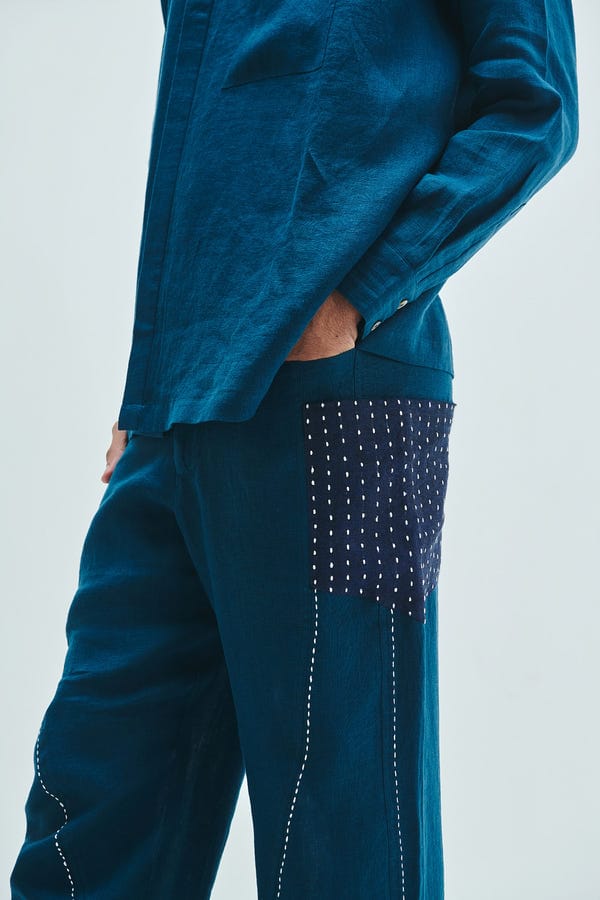Saphed — Indigo Linen Kantha Men's Panelled Pants