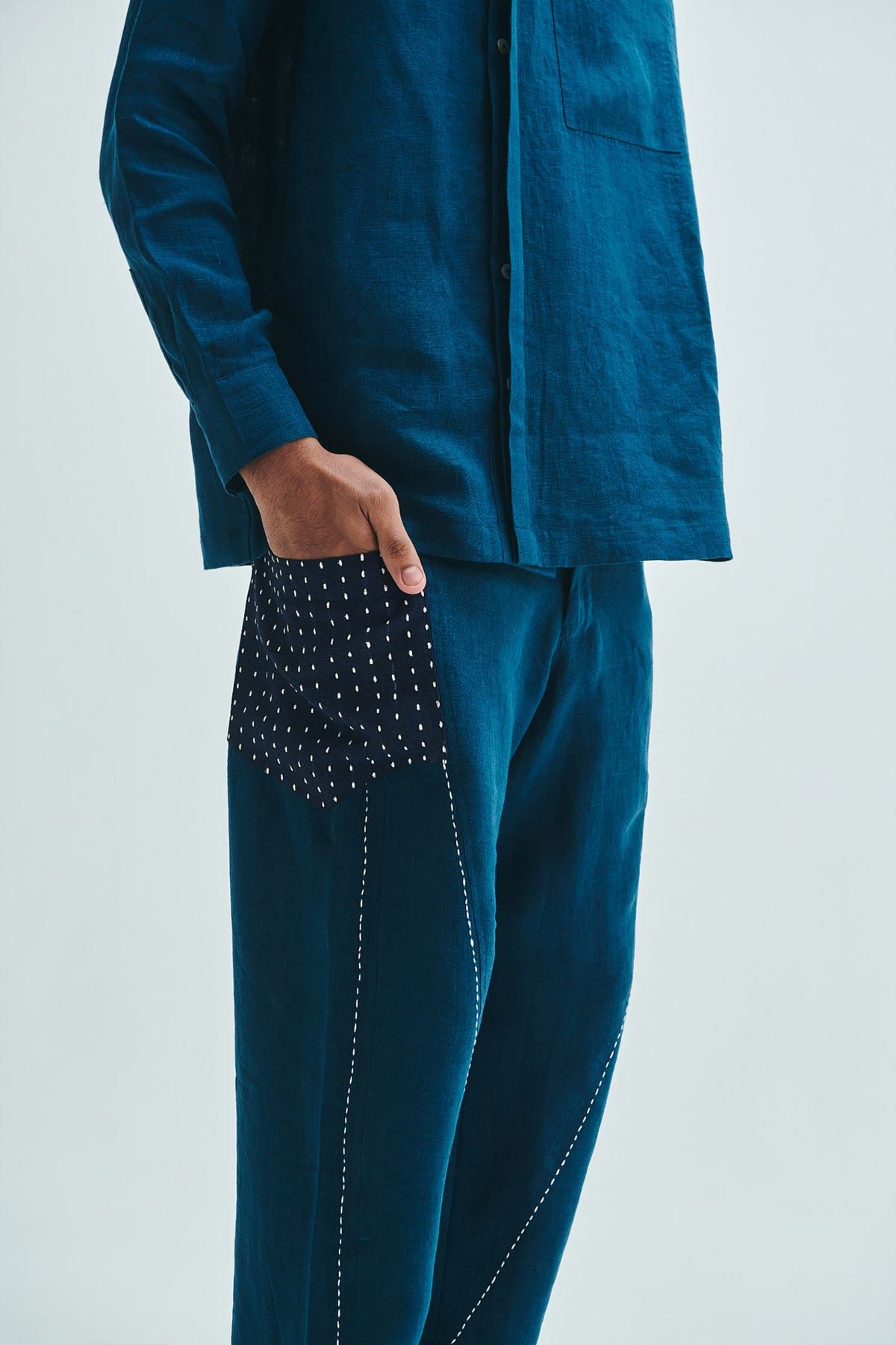 Indigo Linen Kantha Men's Panelled Pants - image 6
