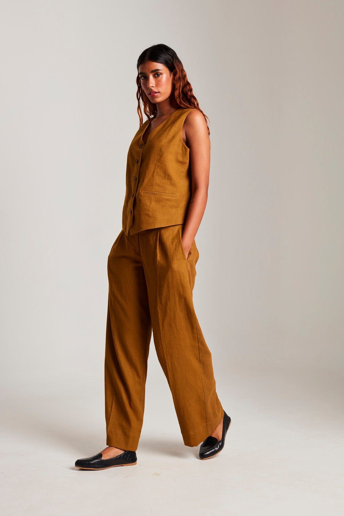 Olive Co-Linen Pleated Trousers - Sale - image 2