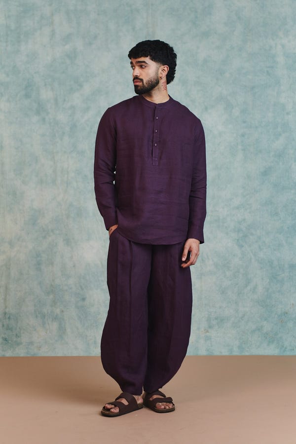 Saphed — Plum Linen Men's Shirt Kurta
