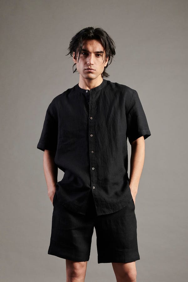 Saphed — Kohl Co-Linen Half Sleeves Band Collar Shirt