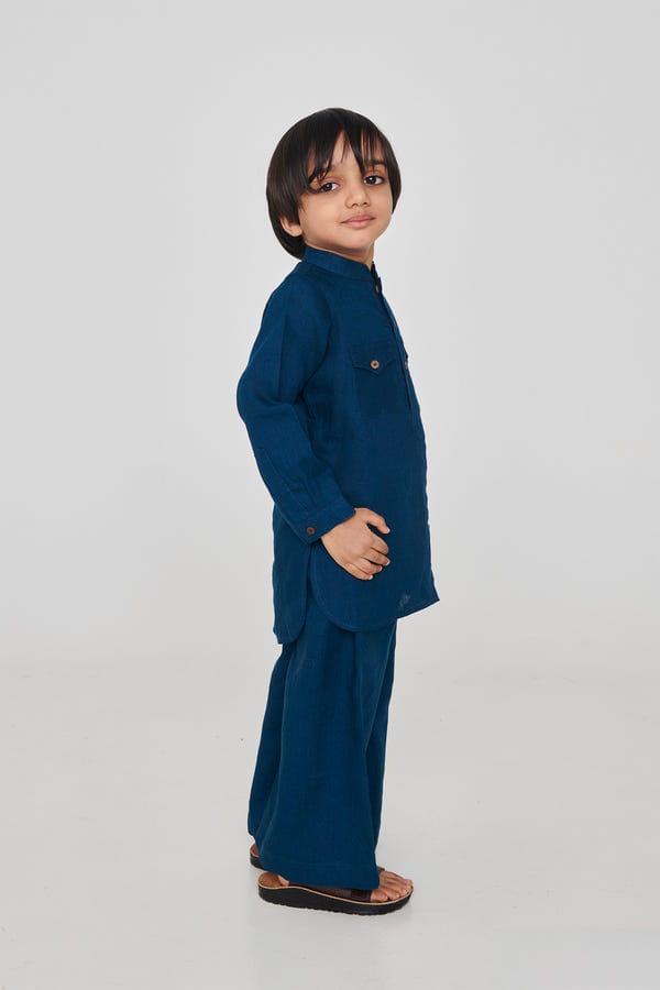 Saphed — Indigo Linen Boys Saif Kurta Set