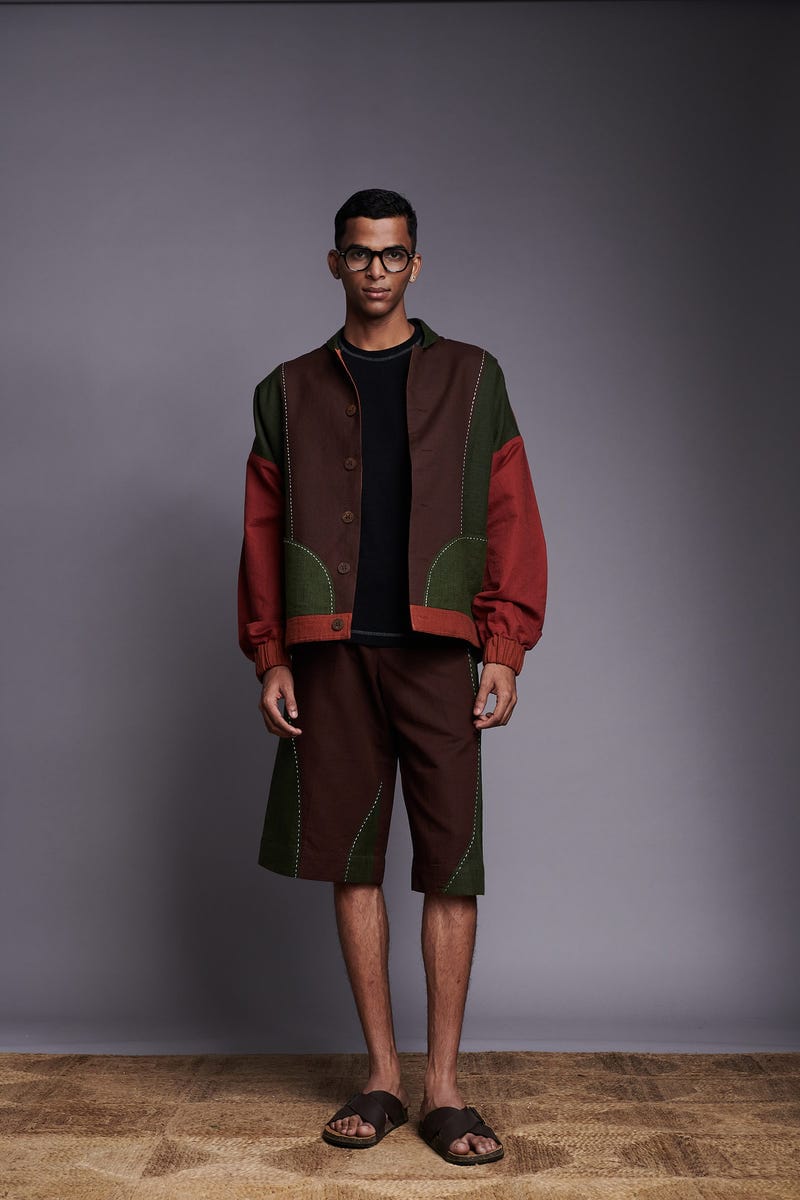 Co-Linen Kantha Men's Panelled Bomber Jacket Set