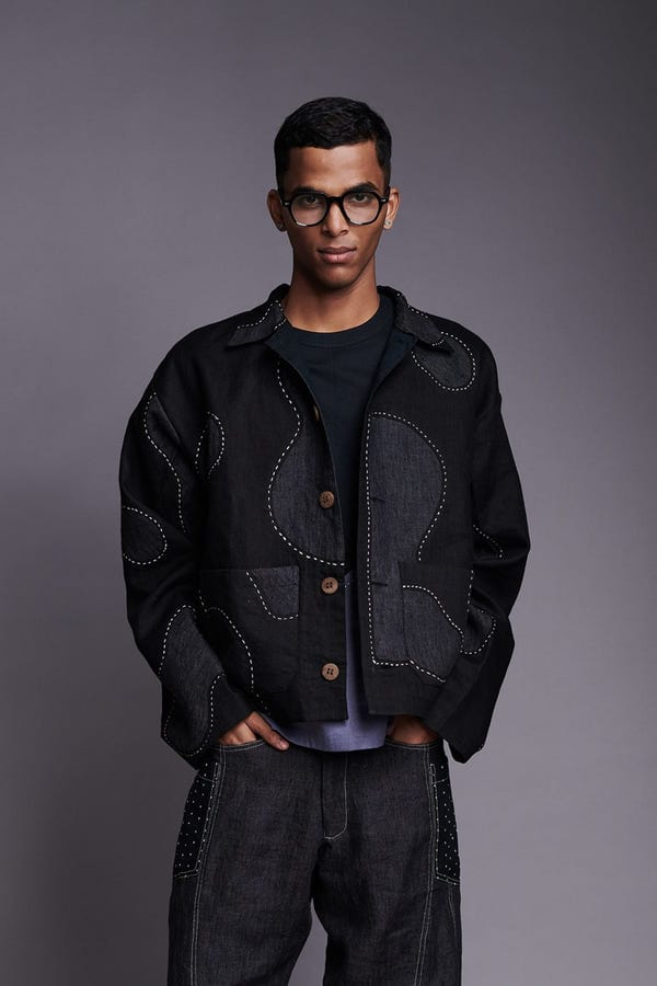 Saphed — Linen Kantha Men's Applique Jacket