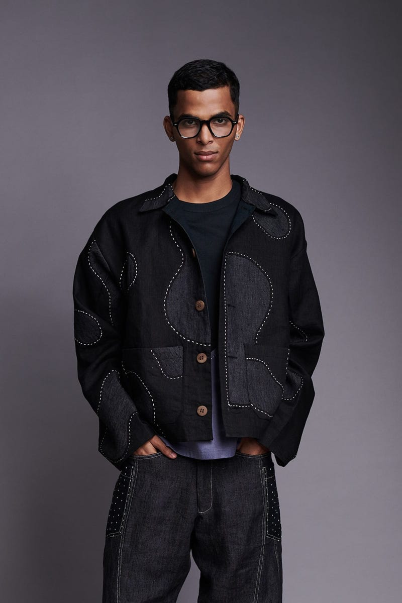 Linen Kantha Men's Applique Jacket