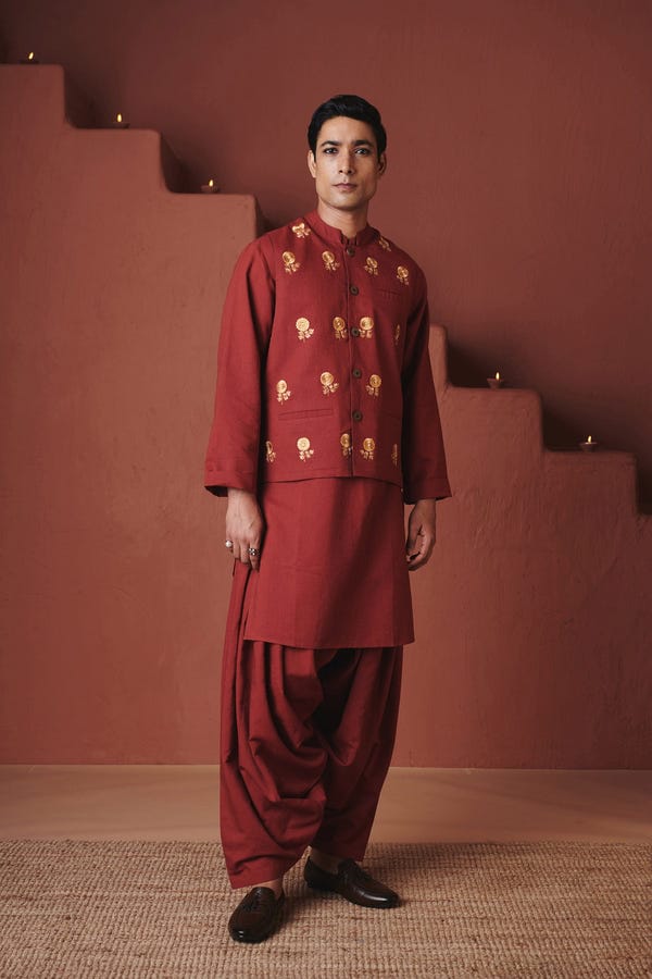 Saphed — Brick Co-Linen Men's Nehru Jacket