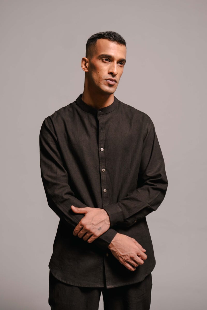 Carbon Co-Linen Men's Band Collar Shirt - Sale