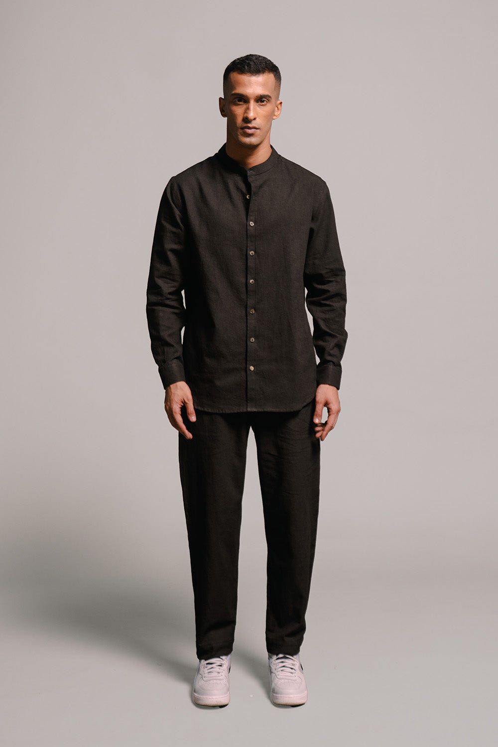 Carbon Co-Linen Men's Band Collar Shirt - Sale - image 2