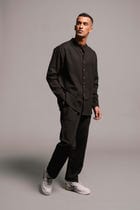 Carbon Co-Linen Men's Band Collar Shirt - Sale view 4