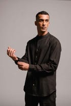 Carbon Co-Linen Men's Band Collar Shirt - Sale view 5