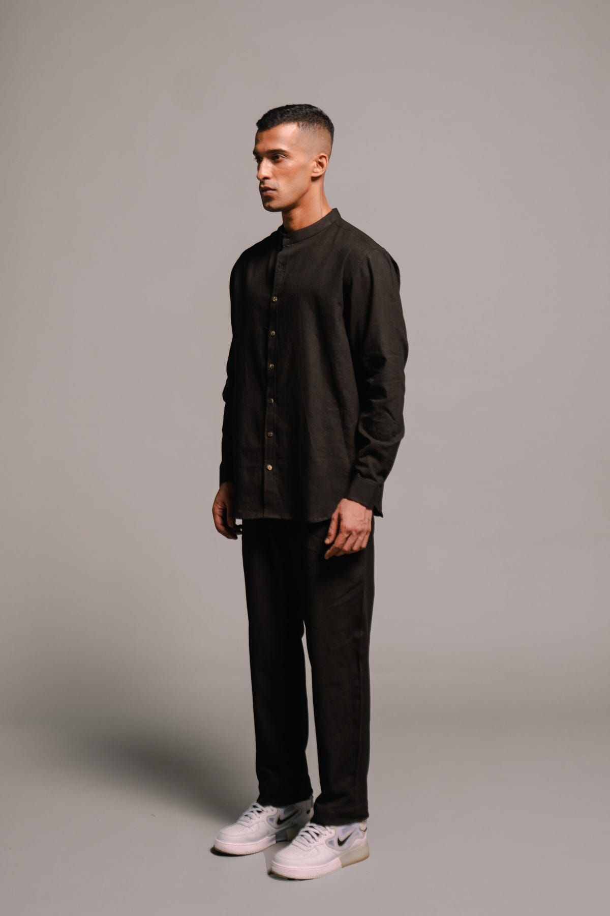 Carbon Co-Linen Men's Band Collar Shirt - Sale - image 7
