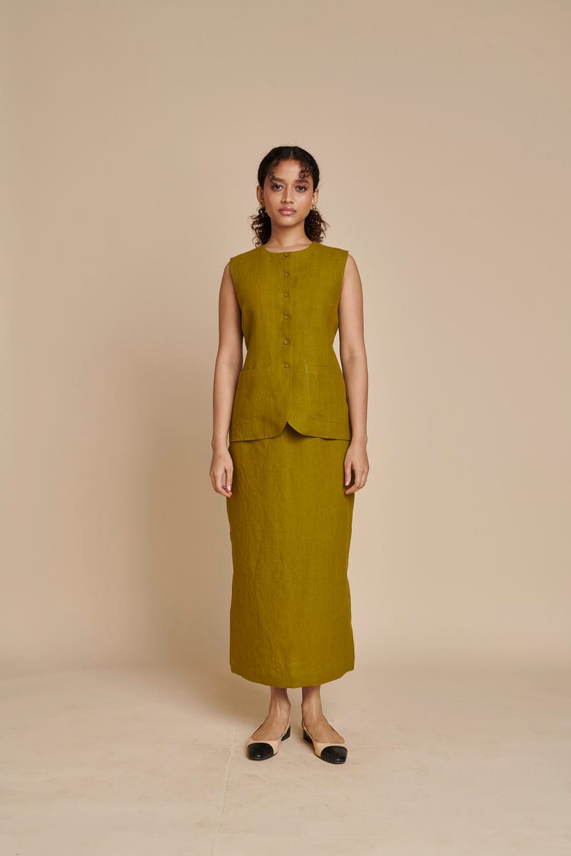 Mehendi Linen Vest & Column Skirt Set