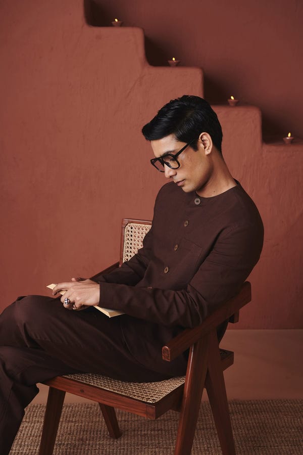Saphed — Coffee Co-Linen Men's Round Neck Jacket