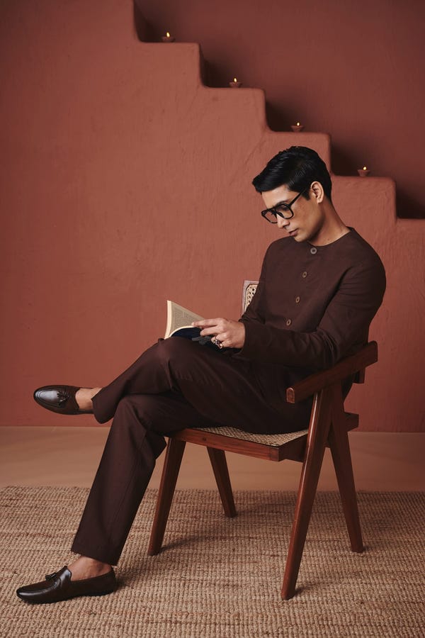 Saphed — Coffee Co-Linen Men's Round Neck Jacket