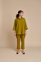 Mehendi Linen Oversized Flared Shirt Set - Sale view 3