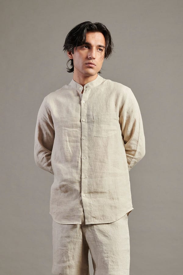 Saphed — Undyed Linen Band Collar Shirt