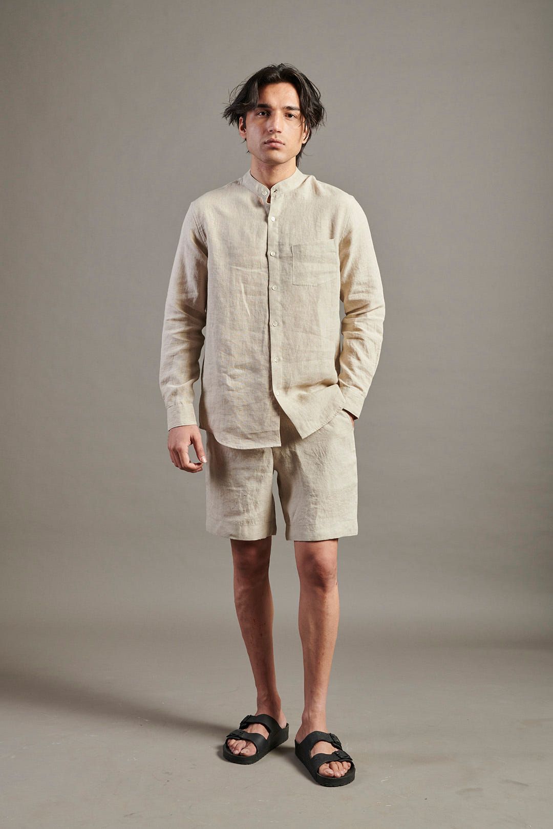 Undyed Linen Band Collar Shirt - image 2