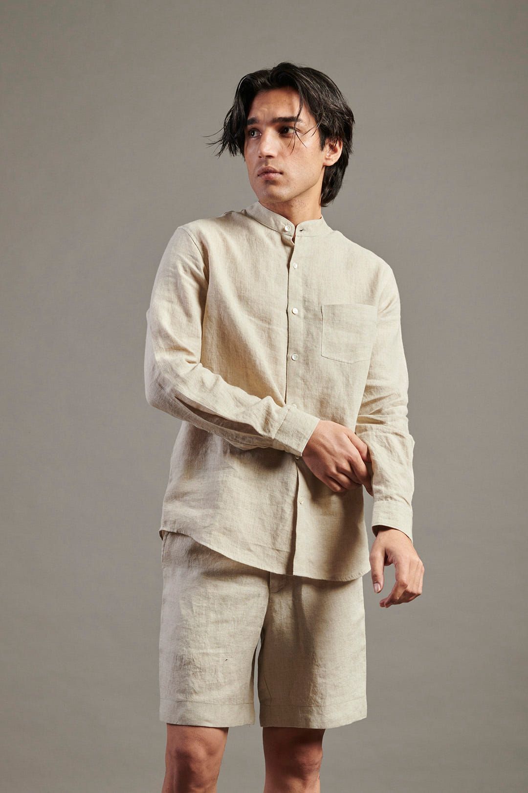 Undyed Linen Band Collar Shirt - image 3