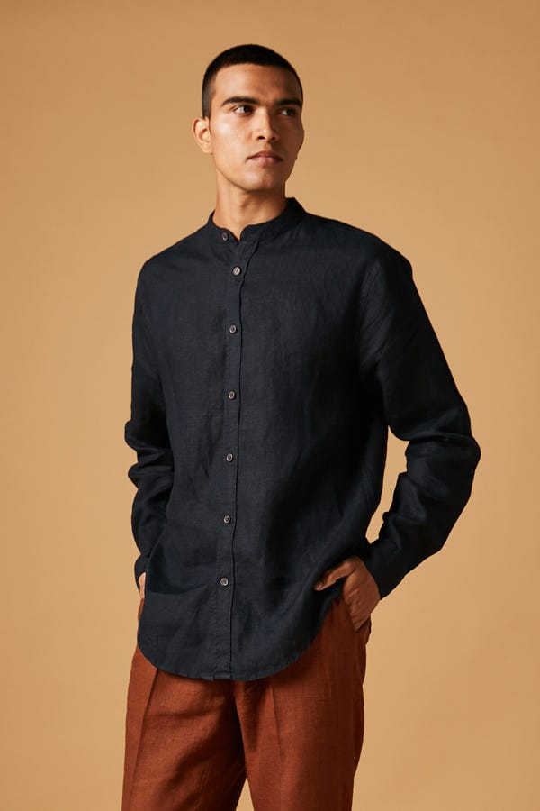 Saphed — Kohl Co-Linen Band Collar Shirt