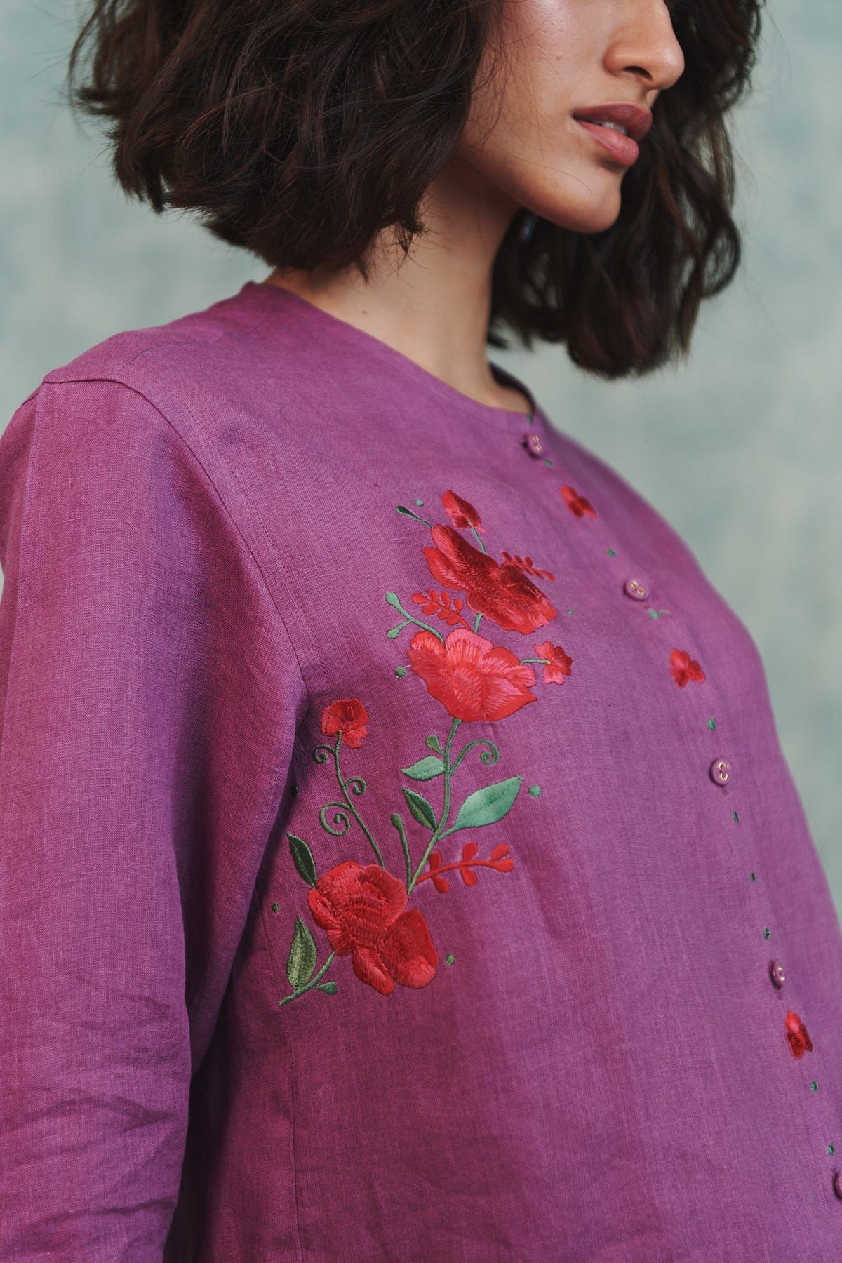 Berry Linen Embroidered Round Hem Shirt - image 12
