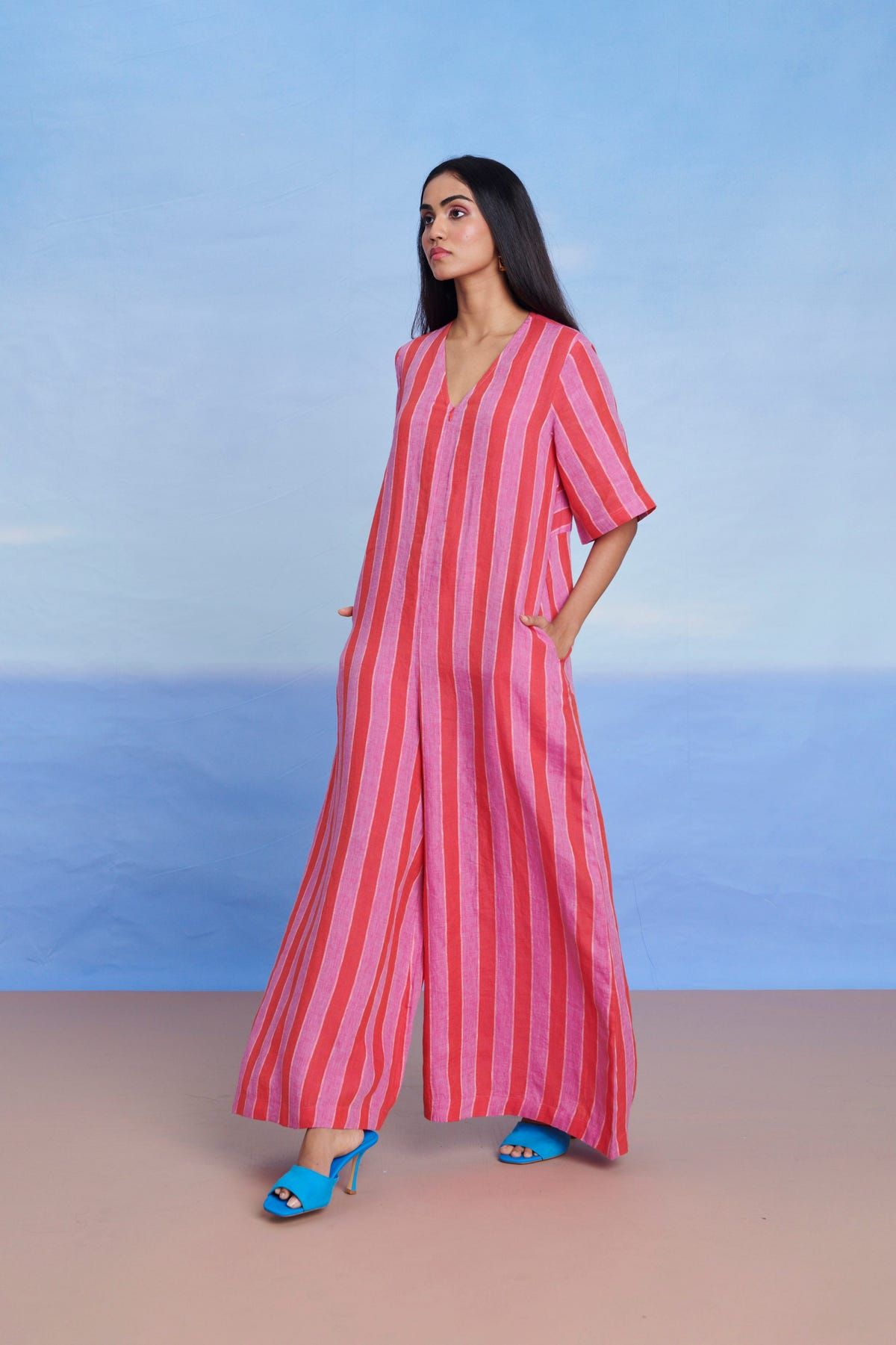 Amalfi Linen Half Sleeves Flared Jumpsuit - Sale - image 4