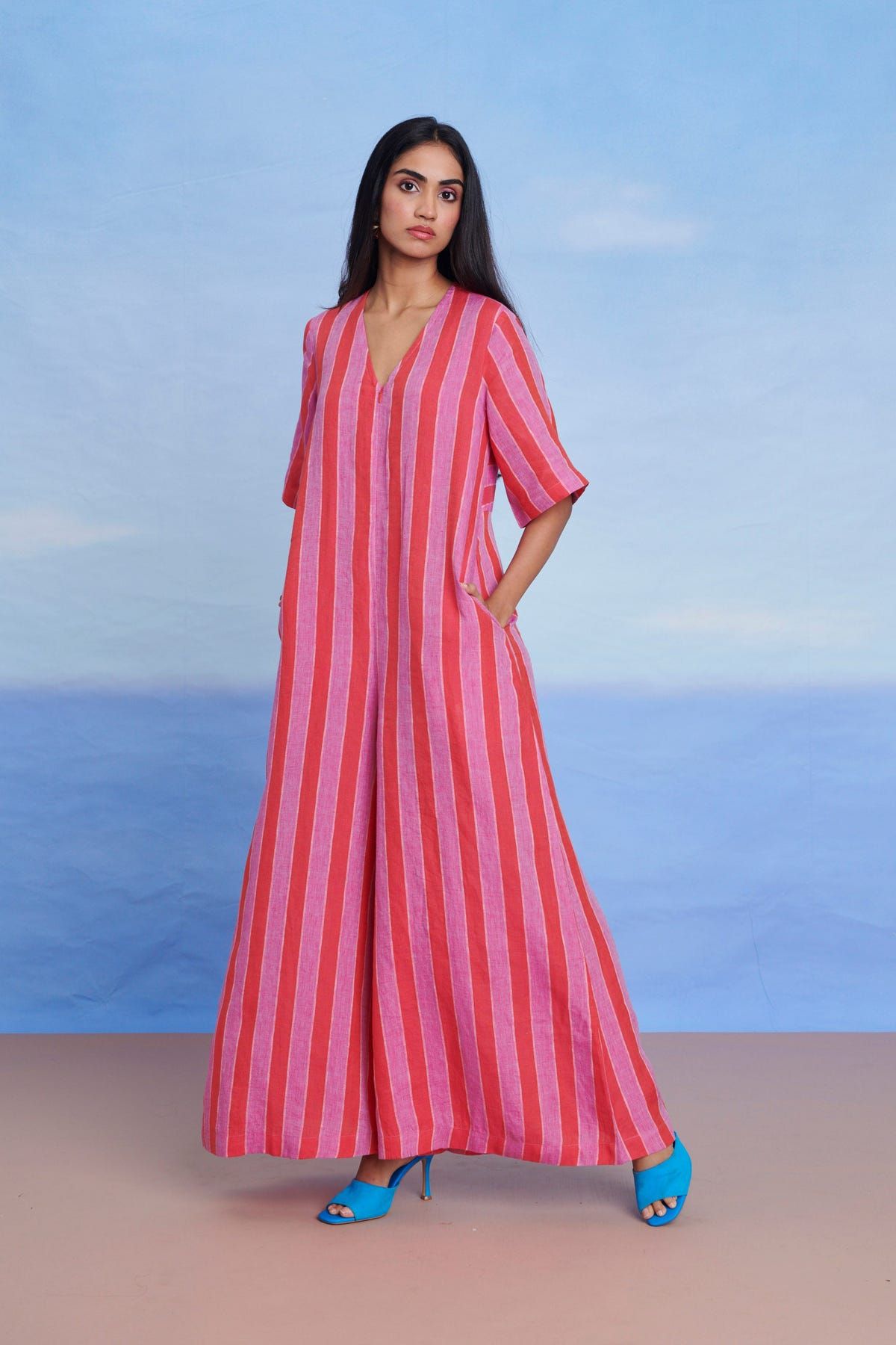 Amalfi Linen Half Sleeves Flared Jumpsuit - Sale - image 8