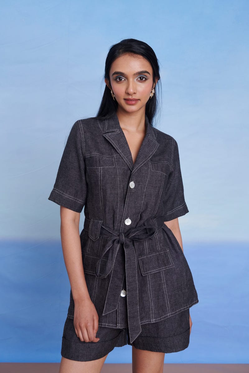 Graphite Linen Denim Front Tie Jacket And Shorts Set