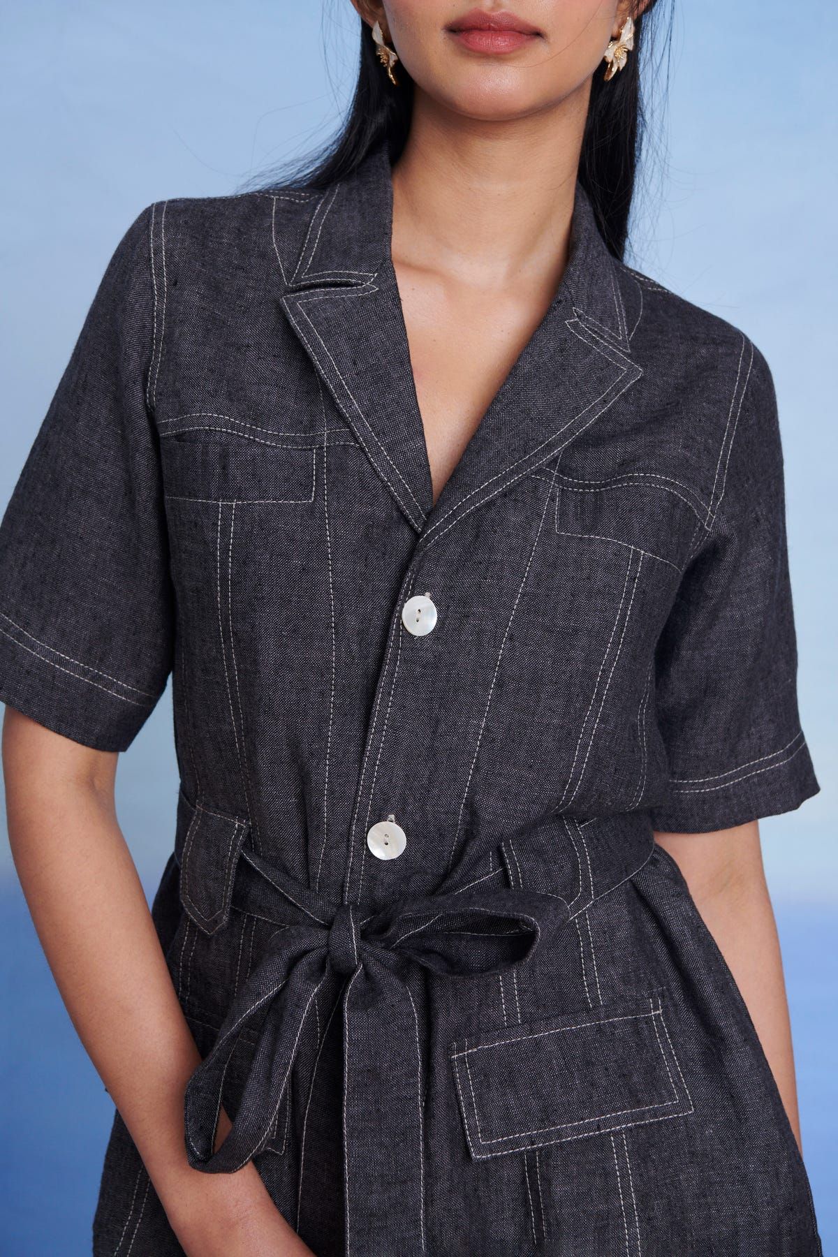 Graphite Linen Denim Front Tie Jacket And Shorts Set - image 9
