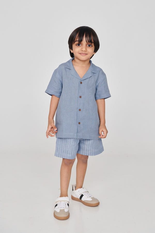 Saphed — Sky Linen Boys Camp Collar Shirt