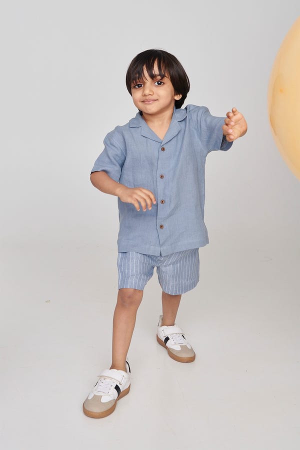 Saphed — Sky Linen Boys Camp Collar Shirt