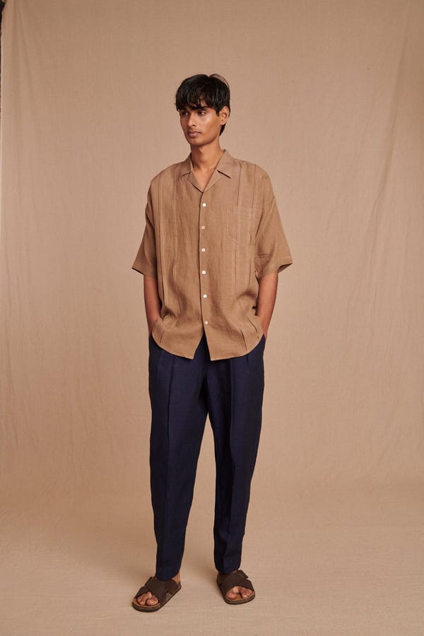 Saphed — Mousse Linen Men's Pleated Camp Collar Shirt - Sale