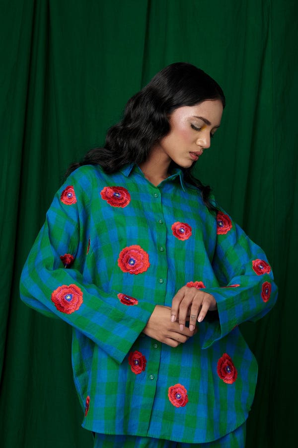 Saphed — Forest Linen Oversized Flared Shirt - Sale