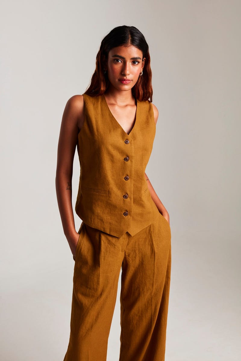 Olive Co-Linen Waistcoat - Sale