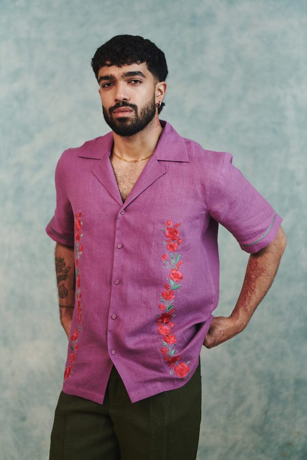 Saphed — Berry Linen Embroidered Men's Camp Collar Shirt