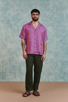 Berry Linen Embroidered Men's Camp Collar Shirt view 3