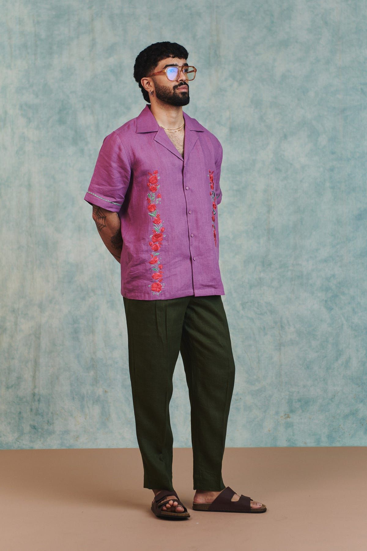 Berry Linen Embroidered Men's Camp Collar Shirt - image 6