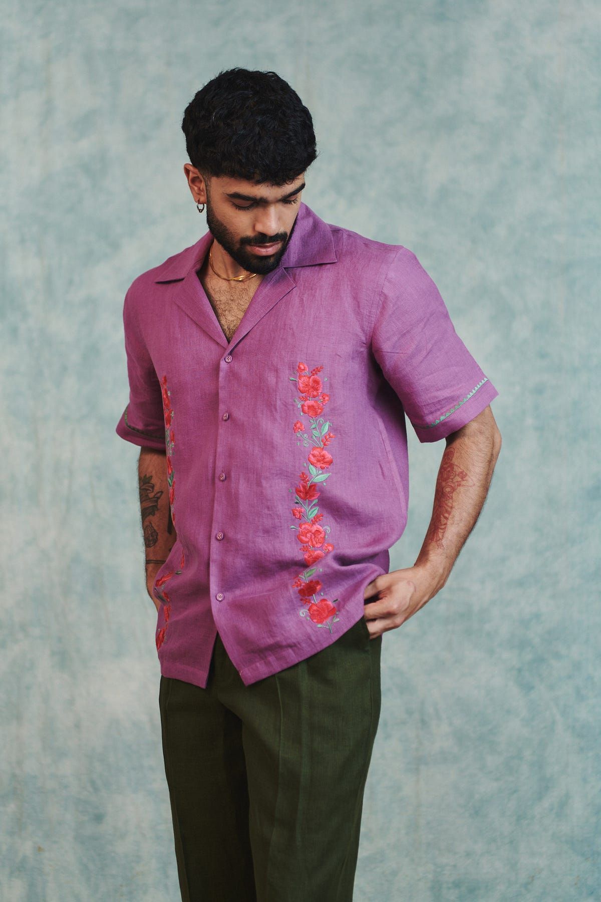 Berry Linen Embroidered Men's Camp Collar Shirt - image 7