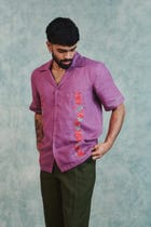 Berry Linen Embroidered Men's Camp Collar Shirt view 7