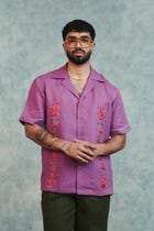Berry Linen Embroidered Men's Camp Collar Shirt view 8