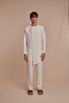 Undyed Pinstripe Linen Side Open Kurta Set - Sale view 1