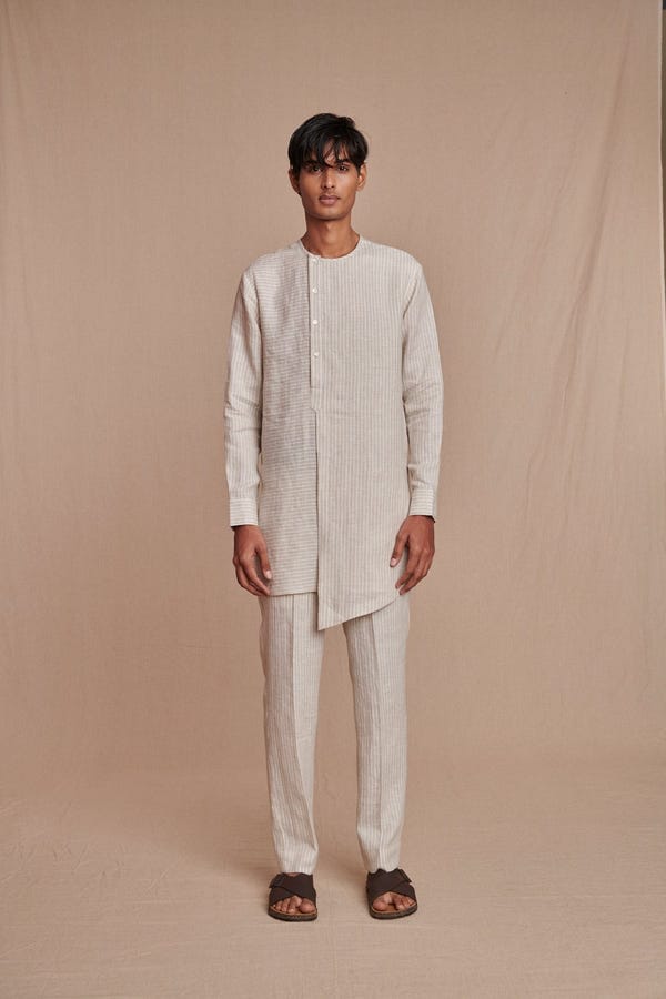 Saphed — Undyed Pinstripe Linen Side Open Kurta Set - Sale