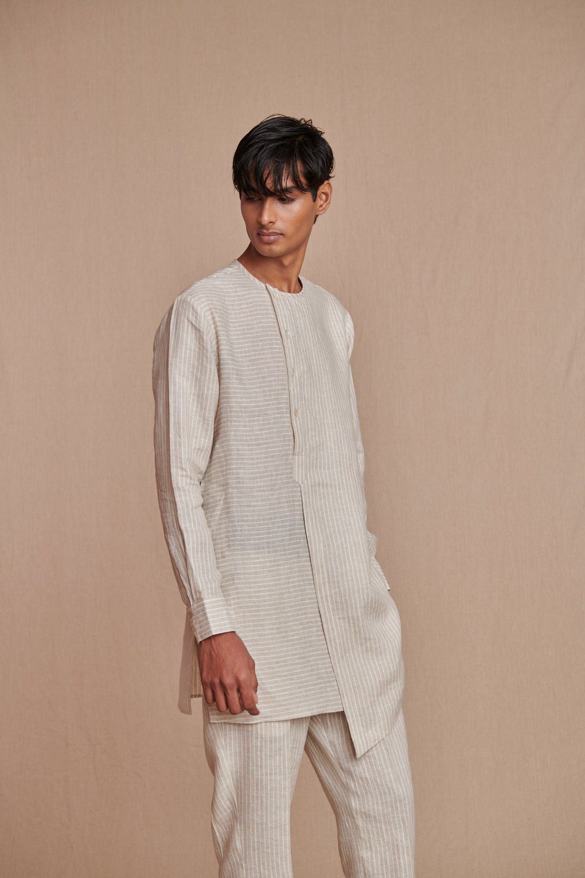 Undyed Pinstripe Linen Side Open Kurta Set - Sale - image 2