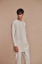 Undyed Pinstripe Linen Side Open Kurta Set - Sale view 2