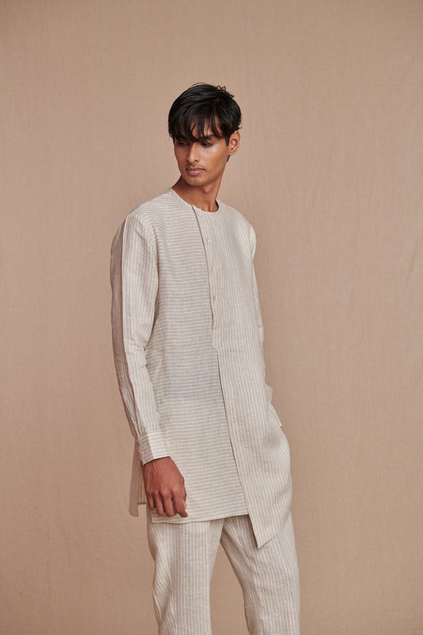 Saphed — Undyed Pinstripe Linen Side Open Kurta Set - Sale