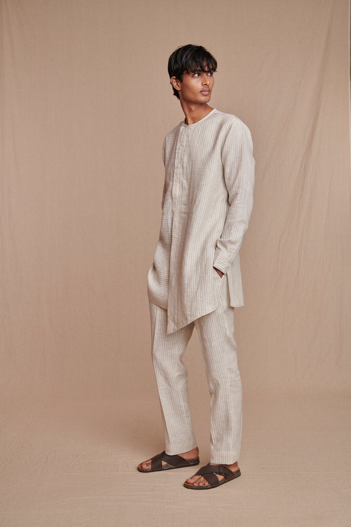 Undyed Pinstripe Linen Side Open Kurta Set - Sale - image 3