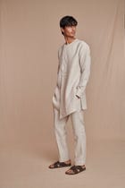 Undyed Pinstripe Linen Side Open Kurta Set - Sale view 3