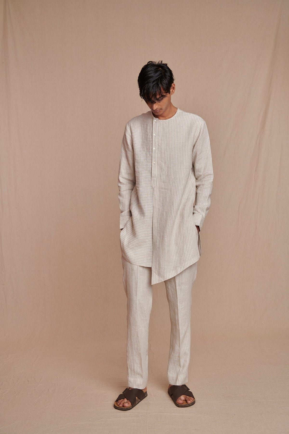 Undyed Pinstripe Linen Side Open Kurta Set - Sale - image 4