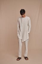 Undyed Pinstripe Linen Side Open Kurta Set - Sale view 4