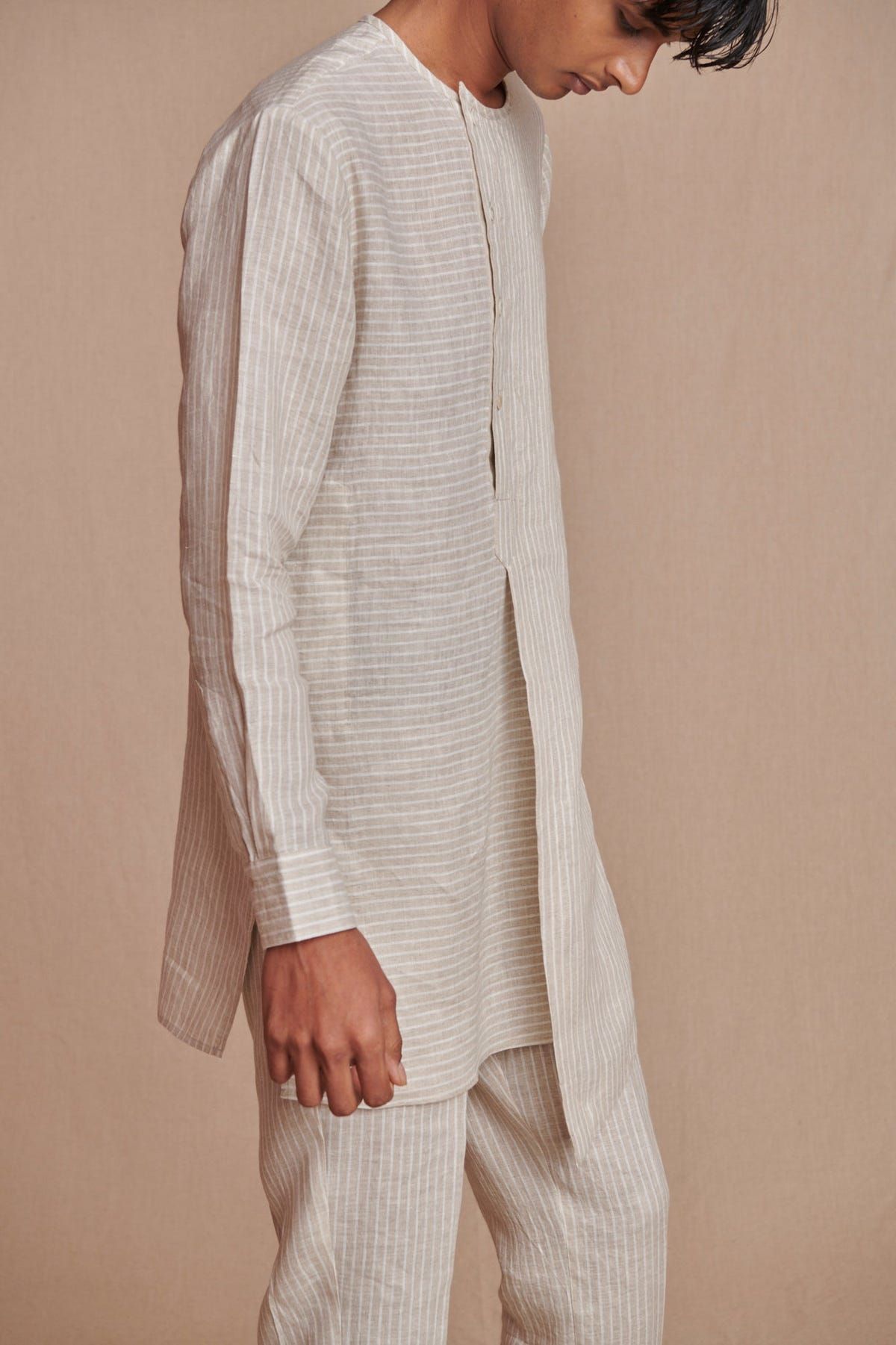 Undyed Pinstripe Linen Side Open Kurta Set - Sale - image 5